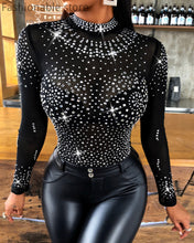 Load image into Gallery viewer, Women Sexy Mesh Transparent Bling Rhinestone Bodysuits Glitter Long Sleeve Playsuit
