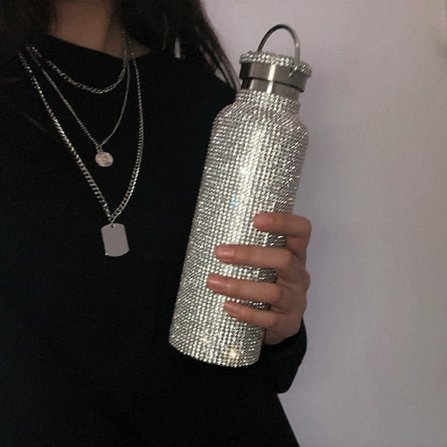 sparkling High-end Insulated Bottle Bling Rhinestone Stainless Steel Thermal Bottle Diamond Thermo Silver Water Bottle with Lid