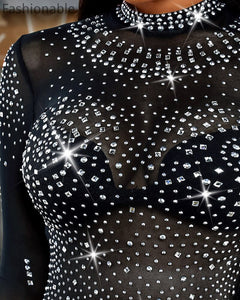 Women Sexy Mesh Transparent Bling Rhinestone Bodysuits Glitter Long Sleeve Playsuit