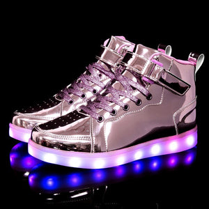Men's and Women's High Top Board Shoes Children's Luminous Shoes LED Light Shoes Mirror Leather Panel Shoes Large 25-47
