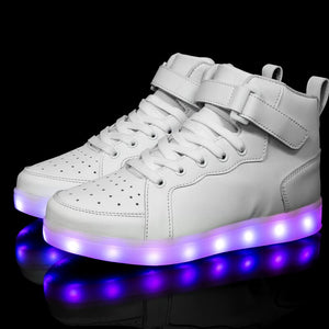 Men's and Women's High Top Board Shoes Children's Luminous Shoes LED Light Shoes Mirror Leather Panel Shoes Large 25-47