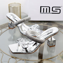 Load image into Gallery viewer, Women&#39;s slippers 2023 summer fashion Transparent belt metal decoration box shaped square Alien heel high heels wearing sandals

