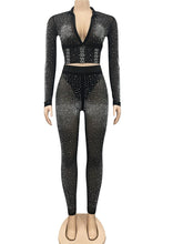 Load image into Gallery viewer, Beyprern Sparkle Crystal Pants Set Outfits New Spring See Through Rhinestone Studded Crop Top And Legging Set Party Club Wears
