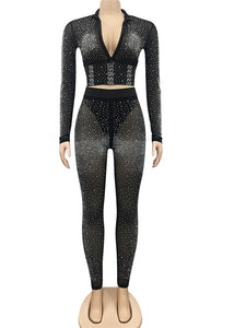 Beyprern Sparkle Crystal Pants Set Outfits New Spring See Through Rhinestone Studded Crop Top And Legging Set Party Club Wears