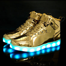 Load image into Gallery viewer, Men&#39;s and Women&#39;s High Top Board Shoes Children&#39;s Luminous Shoes LED Light Shoes Mirror Leather Panel Shoes Large 25-47
