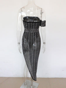 Beyprern Sparkle Off Shoulder Black Crystal Midi Dress Womens Glam Rhinestone Studded Asymmetrical Party Dress Birthday Outfits