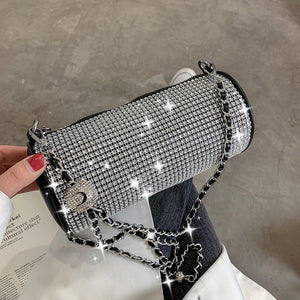 Women Shoulder Purse Diamond Bling Small Handbags And Purse Cylinder Metal Chain Crossbody Bags For Women 2021 Hand Purse